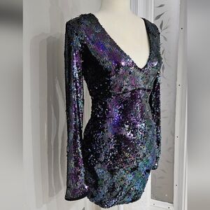Lulu's Black and Purple Sequin Long Sleeve Dress